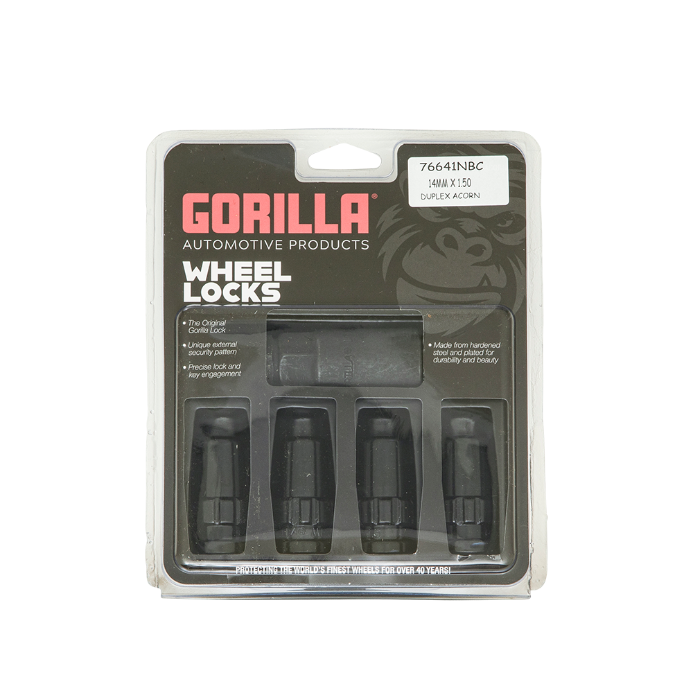 Gorilla Wheel Lock Set Set Of 4x in packaging with 14mm x 1.50 thread size for secure wheel locking.