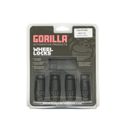 Gorilla Wheel Lock Set Set Of 4x in packaging with 14mm x 1.50 thread size for secure wheel locking.