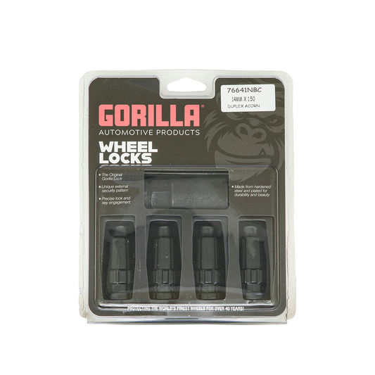 Gorilla Wheel Lock Set Set Of 4x in packaging with 14mm x 1.50 thread size for secure wheel locking.