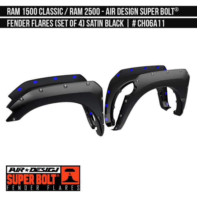 AIRDESIGN Super Bolt Fender Flares 13–18 Ram 1500 DS / 19–24 Ram 1500 Classic Satin Black