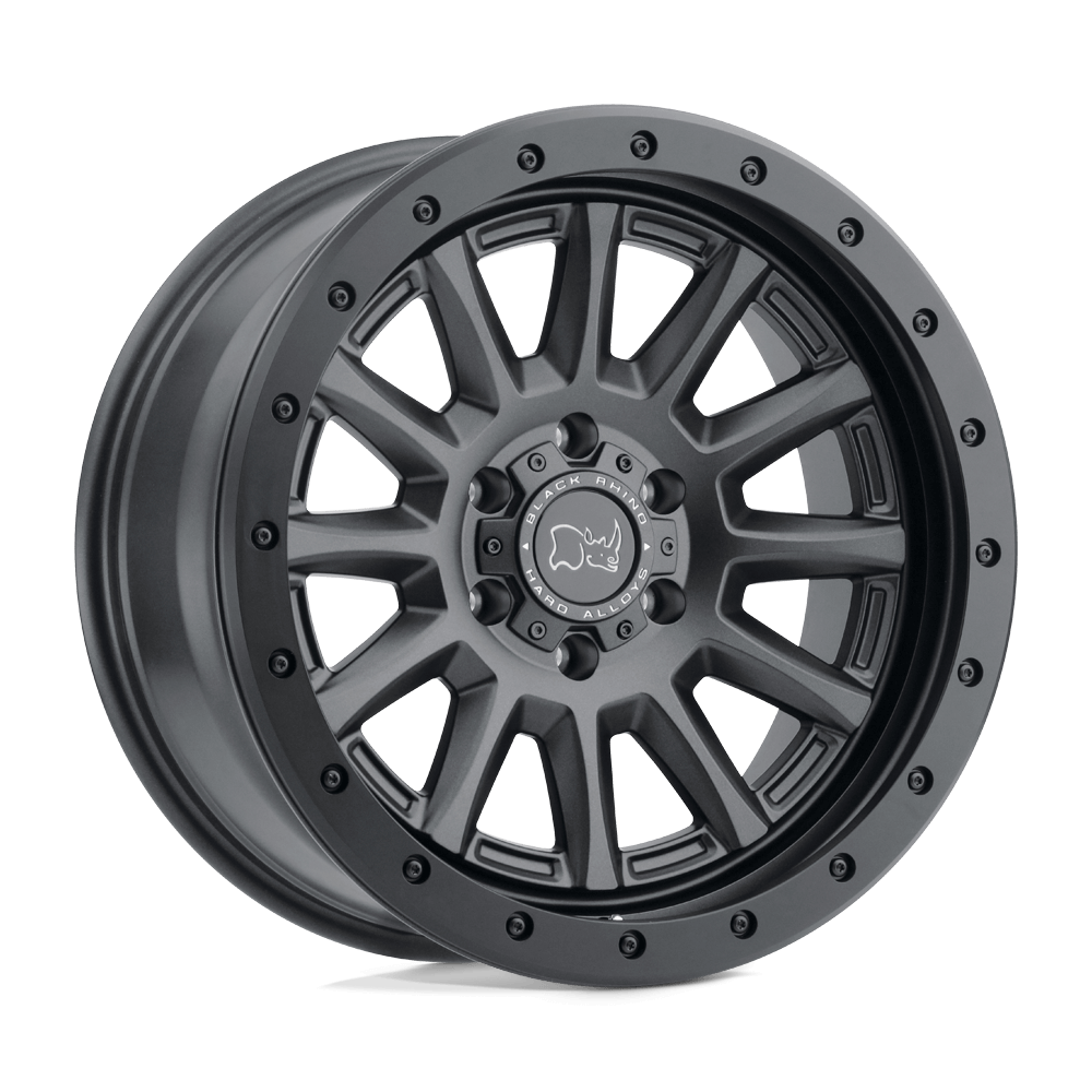 Black Rhino DUGGER Gun Black wheel showcasing a durable 12-spoke design with a rock guard for off-road protection.