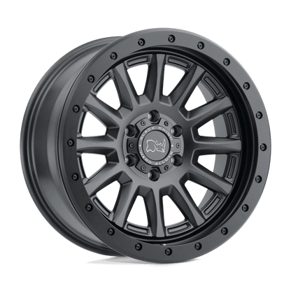 Black Rhino DUGGER Gun Black wheel showcasing a durable 12-spoke design with a rock guard for off-road protection.