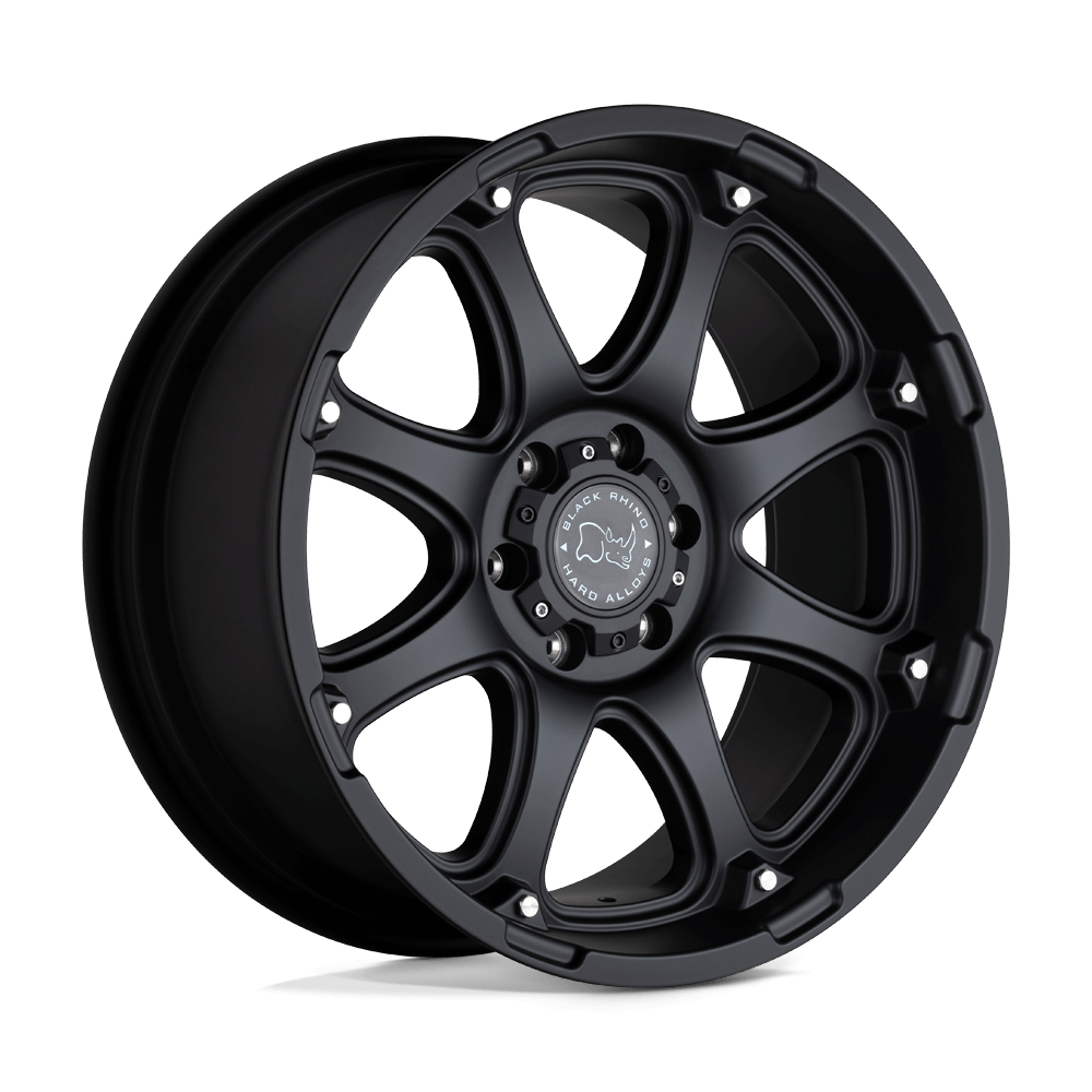 Black Rhino GLAMIS Matte Black wheel showcasing an 8-spoke design and robust monoblock construction.
