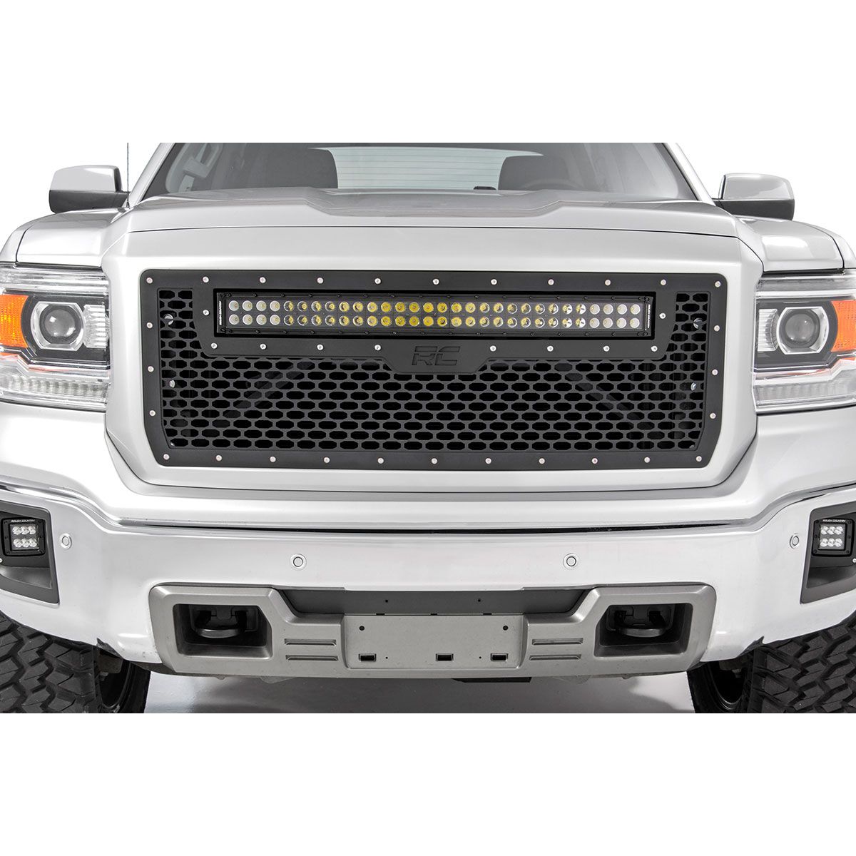 ROUGH COUNTRY Mesh Grille | 30" Dual Row LED | Black | Amber DRL | GMC Sierra 1500 (14-15) | 70190BDA