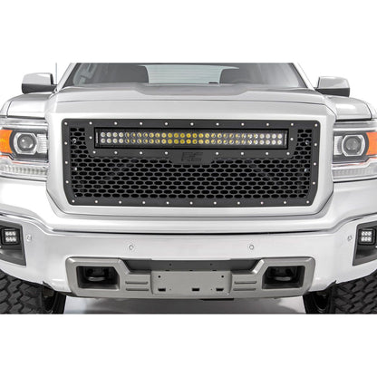 ROUGH COUNTRY Mesh Grille | 30" Dual Row LED | Black | Amber DRL | GMC Sierra 1500 (14-15) | 70190BDA