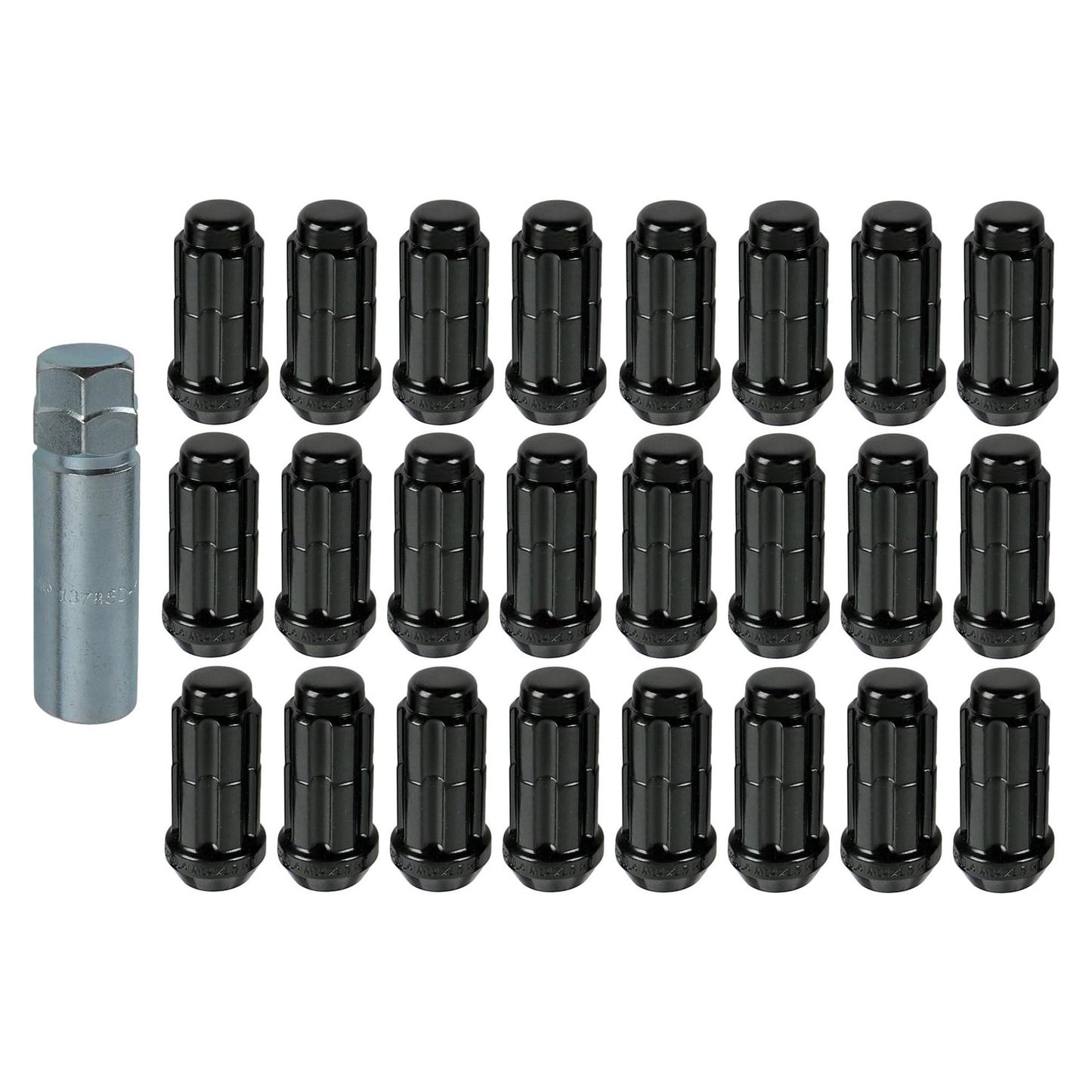 Gorilla Black Lug Nuts with 24 PC Wheel Kit including 20 black lug nuts and a wrench for vehicle wheel upgrades.
