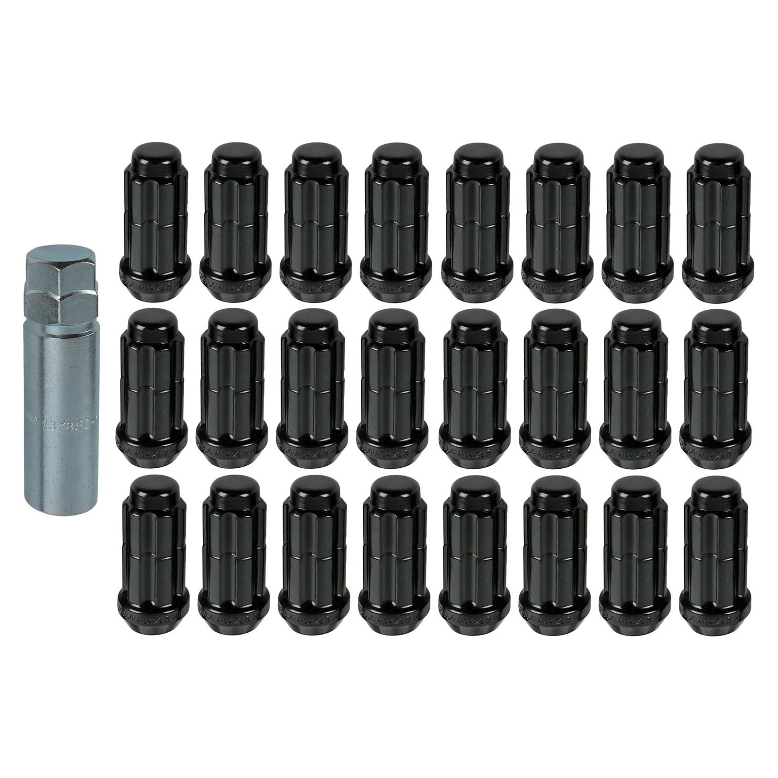 Gorilla Black Lug Nuts with 24 PC Wheel Kit including 20 black lug nuts and a wrench for vehicle wheel upgrades.