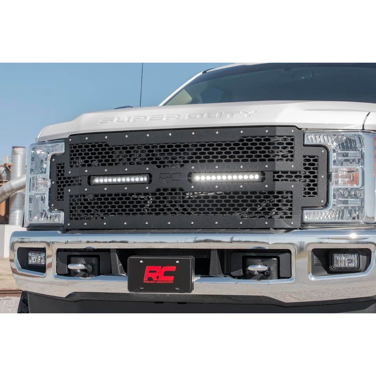ROUGH COUNTRY Mesh Grille | 12" Dual Row LED | Black | Ford F-250/F-350 Super Duty (17-19) | 70216