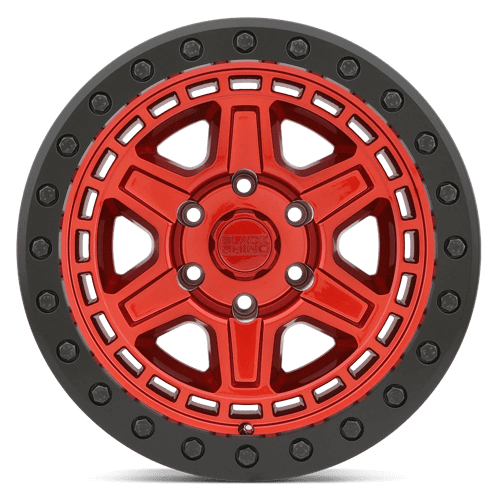 Black Rhino RENO Candy Red W/ Black Ring & Bolt wheel featuring a unique notched 6-spoke design.