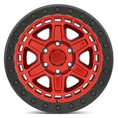 Black Rhino RENO Candy Red W/ Black Ring & Bolt wheel featuring a unique notched 6-spoke design.
