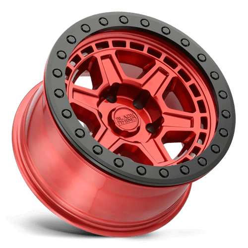 Black Rhino RENO Candy Red W/ Black Ring & Bolt showcasing its unique 6-spoke design and robust construction.