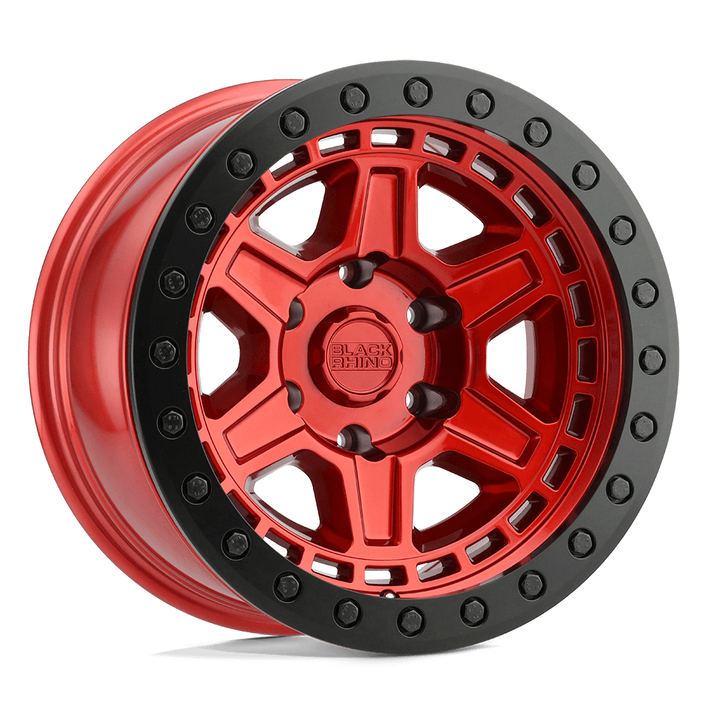 Black Rhino RENO Candy Red W/ Black Ring & Bolt wheel with notched design for off-road vehicles.