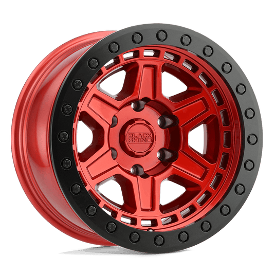 Black Rhino RENO Candy Red W/ Black Ring & Bolt wheel with notched design for off-road vehicles.