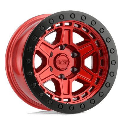 Black Rhino RENO Candy Red W/ Black Ring & Bolt wheel showcasing its unique notched 6-spoke design.