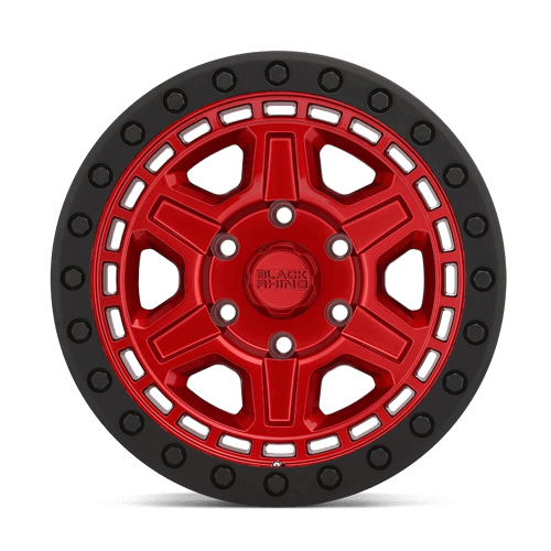 Black Rhino RENO Candy Red W/ Black Ring & Bolt wheel showcasing a notched 6-spoke design.