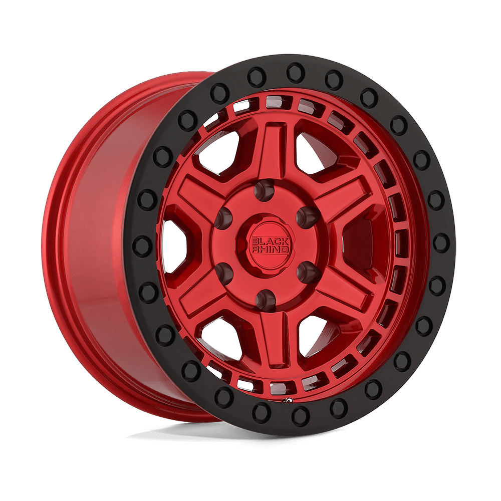Black Rhino RENO Candy Red W/ Black Ring & Bolt wheel showcasing vibrant Candy Red finish with black beadlock.