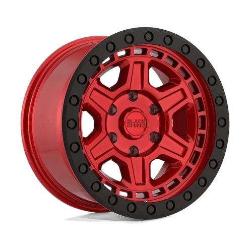 Black Rhino RENO Candy Red W/ Black Ring & Bolt wheel with unique notched 6-spoke design.