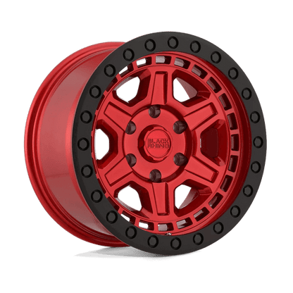 Black Rhino RENO Candy Red W/ Black Ring & Bolt wheel with unique notched 6-spoke design.