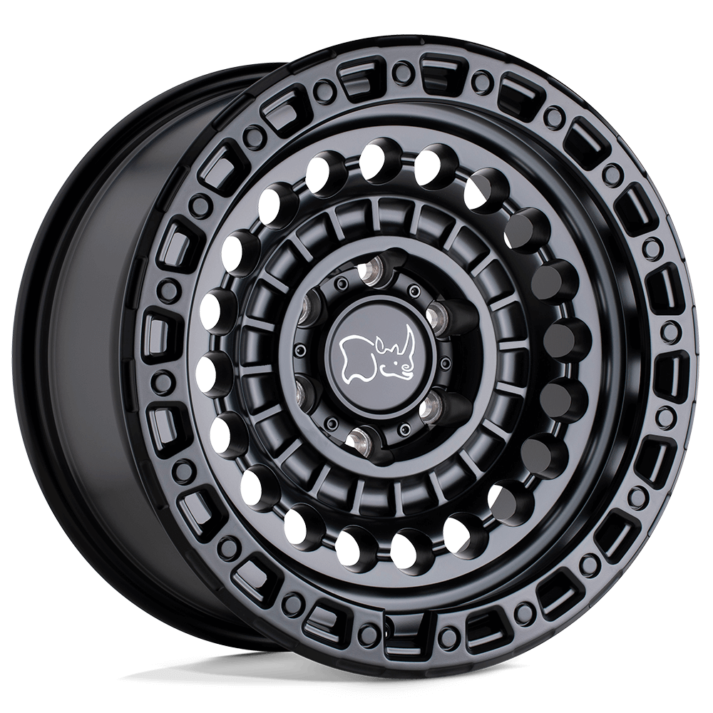 Black Rhino SENTINEL Matte Black wheel with mechanical design and simulated beadlock ring.