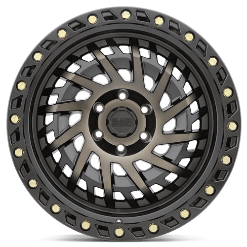 Black Rhino SHREDDER Matte Black W/ Mach Dark Tint off-road wheel with twisted spoke design and beadlock ring.