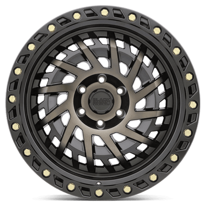 Black Rhino SHREDDER Matte Black W/ Mach Dark Tint off-road wheel with twisted spoke design and beadlock ring.