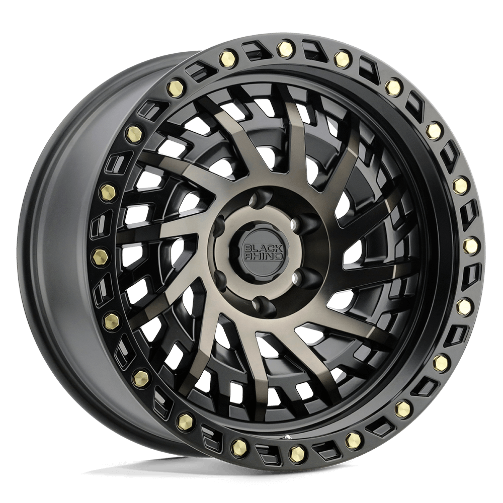 Black Rhino SHREDDER Matte Black W/ Mach Dark Tint aggressive off-road wheel with twisted spokes and beadlock design.