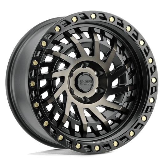 Black Rhino SHREDDER Matte Black W/ Mach Dark Tint aggressive off-road wheel with twisted spokes and beadlock design.