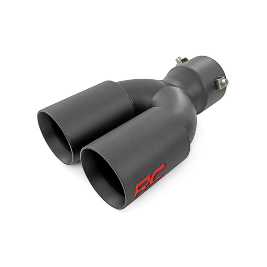 ROUGH COUNTRY Exhaust Tip | Black | Red RC Logo | 2.5-3 Inch Pipe Single Inlet | Dual Outlet | 96050
