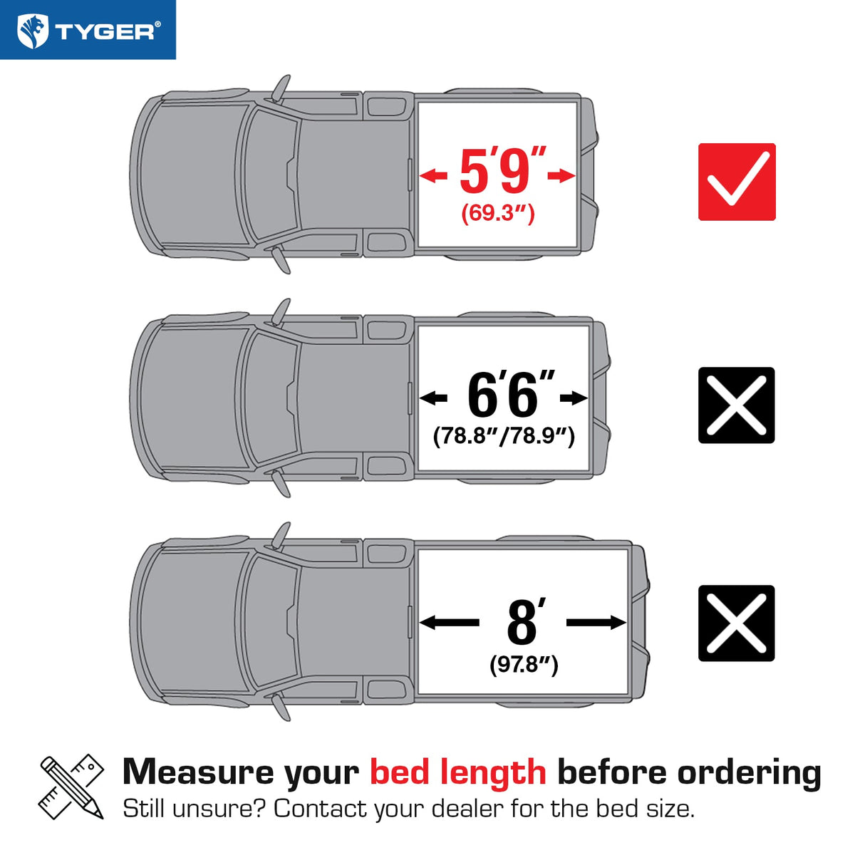 TYGER TG-BC3C1006 soft tri-fold tonneau cover bed measurements