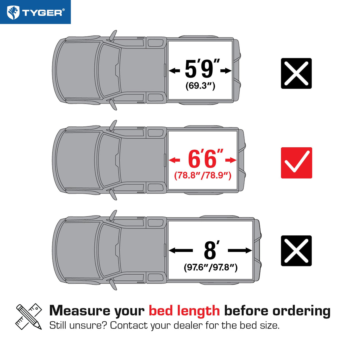 TYGER TG-BC3C1007 soft tri-fold tonneau cover bed measurements