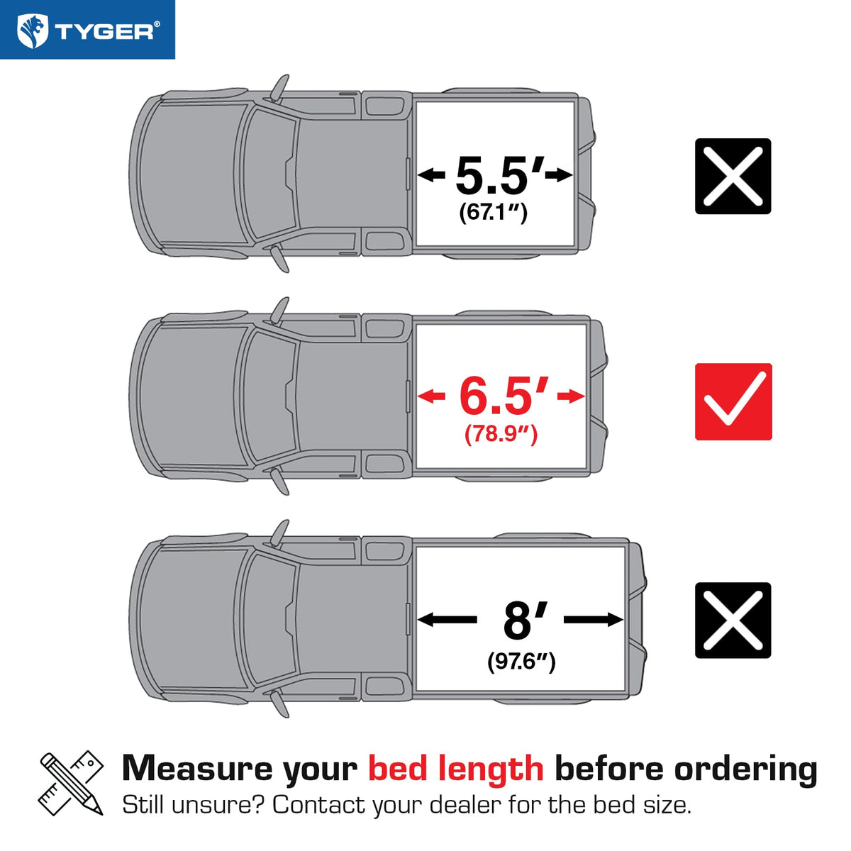 TYGER TG-BC3F1042 soft tri-fold tonneau cover bed measurements