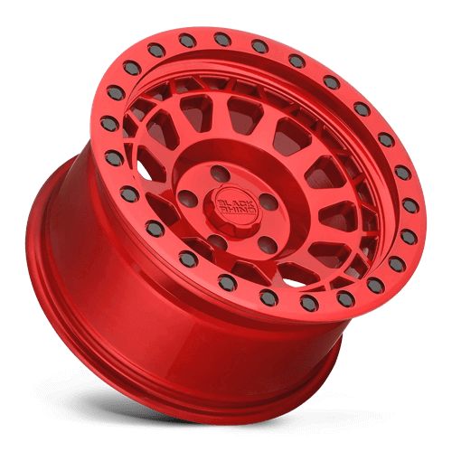 Black Rhino PRIMM Candy Red W/ Black Bolts wheel showcasing aggressive concave design and beadlock styling.