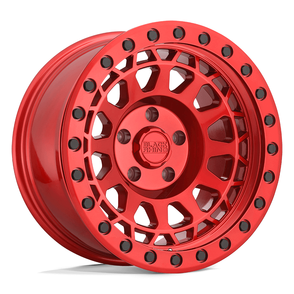 Black Rhino PRIMM Candy Red W/ Black Bolts wheel showing aggressive concave profile and beadlock design.
