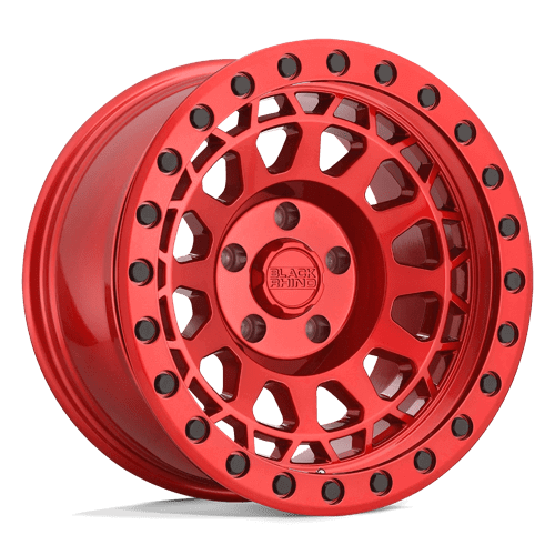 Black Rhino PRIMM Candy Red W/ Black Bolts wheel showcasing its bold design and aggressive concave profile.