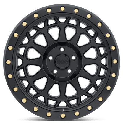 Black Rhino PRIMM Matte Black W/ Brass Bolts wheel showcasing a concave design and beadlock styling.