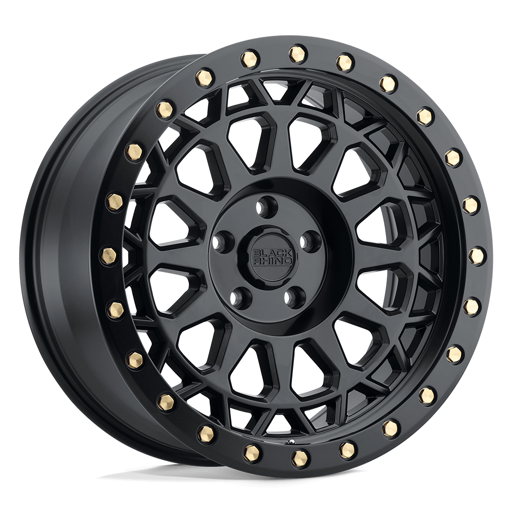 Black Rhino PRIMM Matte Black W/ Brass Bolts showcasing a concave wheel profile and aggressive styling.