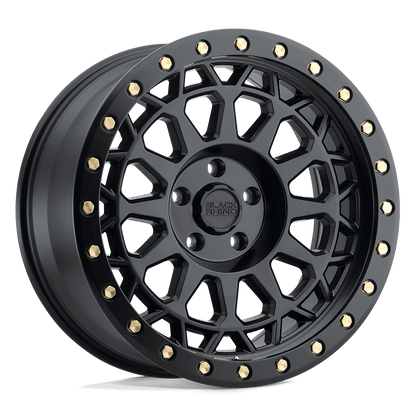 Black Rhino PRIMM Matte Black W/ Brass Bolts showcasing a concave wheel profile and aggressive styling.