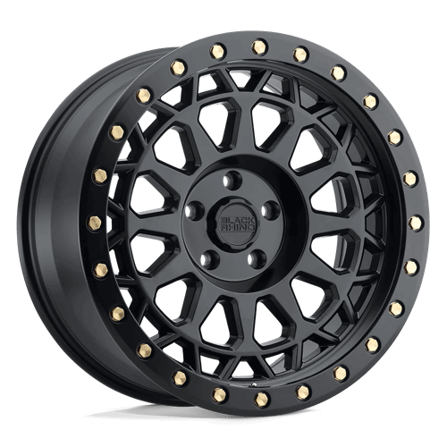 Black Rhino PRIMM Matte Black W/ Brass Bolts wheel showcasing its aggressive styling and beadlock profile.