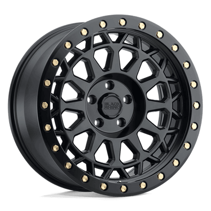 Black Rhino PRIMM Matte Black W/ Brass Bolts wheel showcasing its aggressive styling and beadlock profile.