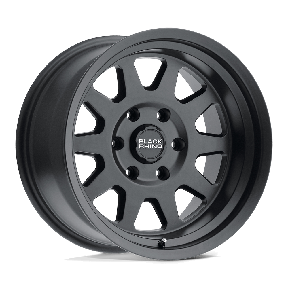 Black Rhino STADIUM Matte Black wheel showcasing its 10-spoke design and flat face profile for off-road performance.
