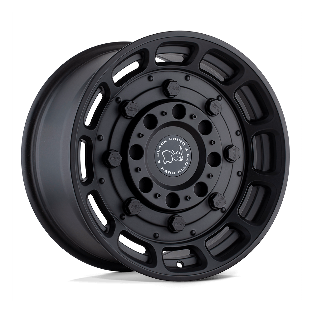 Black Rhino WARTHOG Matte Black wheel showcasing tactical design and military-spec elements.