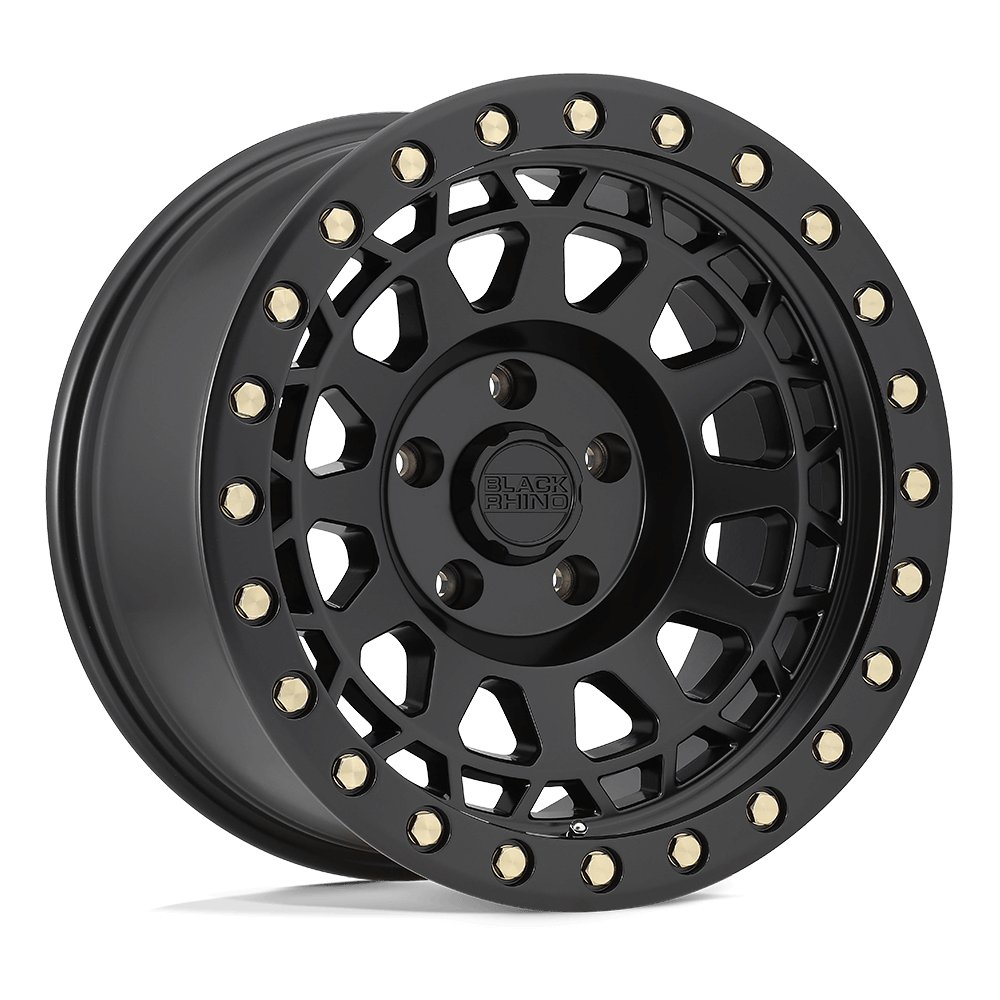 Black Rhino PRIMM Matte Black W/ Brass Bolts wheel showcasing aggressive styling and beadlock design.