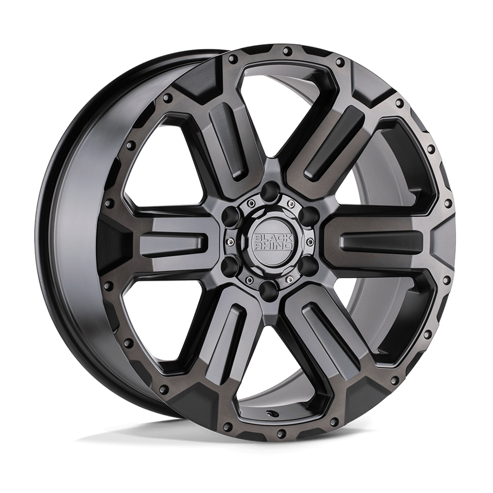 Black Rhino WANAKA M-Gunmetal W/ Brushed Face wheel showcasing bold 6-spoke design and industrial accents.
