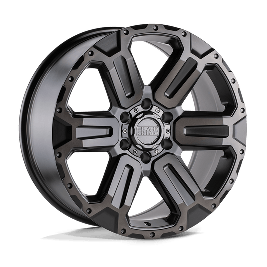 Black Rhino WANAKA M-Gunmetal W/ Brushed Face wheel showcasing bold 6-spoke design and industrial accents.