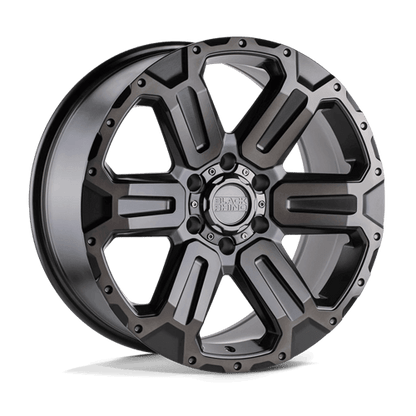 Black Rhino WANAKA M-Gunmetal W/ Brushed Face wheel showcasing its bold 6-spoke design and industrial accents.