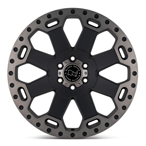 Black Rhino WARLORD Matte Black W/ Mach Dark Tint wheel showcasing an 8-spoke design with dark accents.
