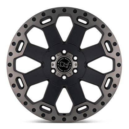 Black Rhino WARLORD Matte Black W/ Mach Dark Tint wheel showcasing an 8-spoke design with dark accents.