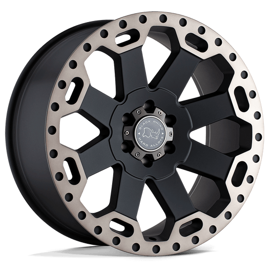 Black Rhino WARLORD Matte Black W/ Mach Dark Tint wheel showcasing 8-spoke design and monoblock construction.