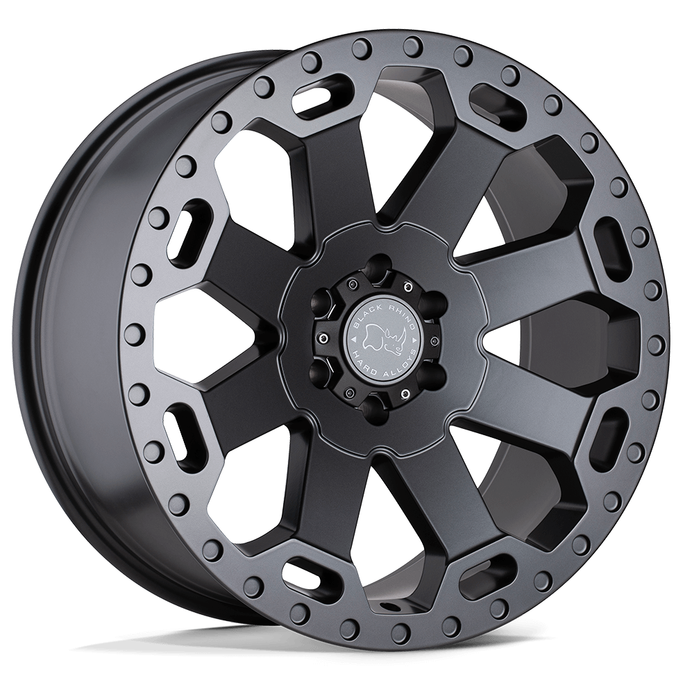 Black Rhino WARLORD Matte Gunmetal wheel showcasing its 8-spoke design and monoblock construction.