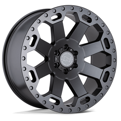 Black Rhino WARLORD Matte Gunmetal wheel showcasing its 8-spoke design and monoblock construction.